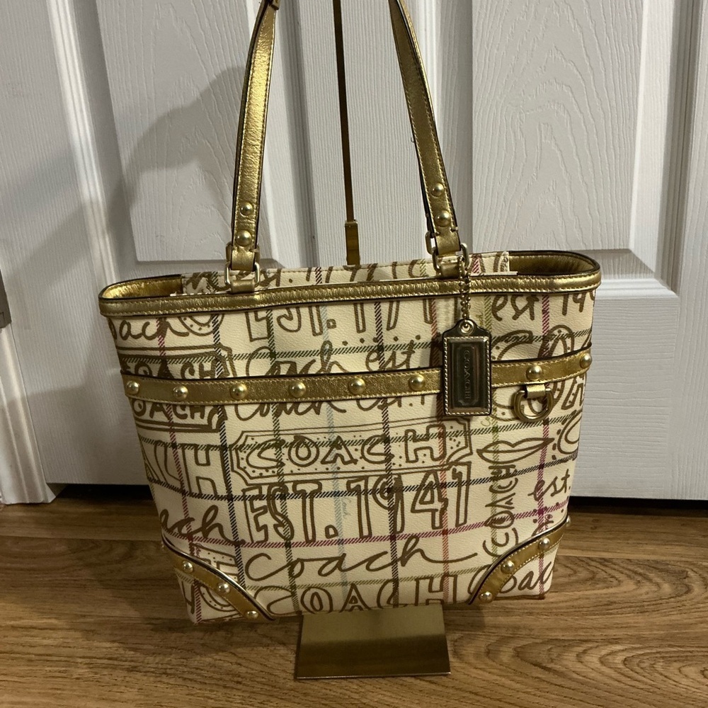 Coach Heritage Tattersall Graffiti Tote, Gold & Cream Color
